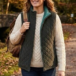Diamond Quilted Corduroy Vest Olive Green Zip Up Boho Cottagecore Cabin Outdoors